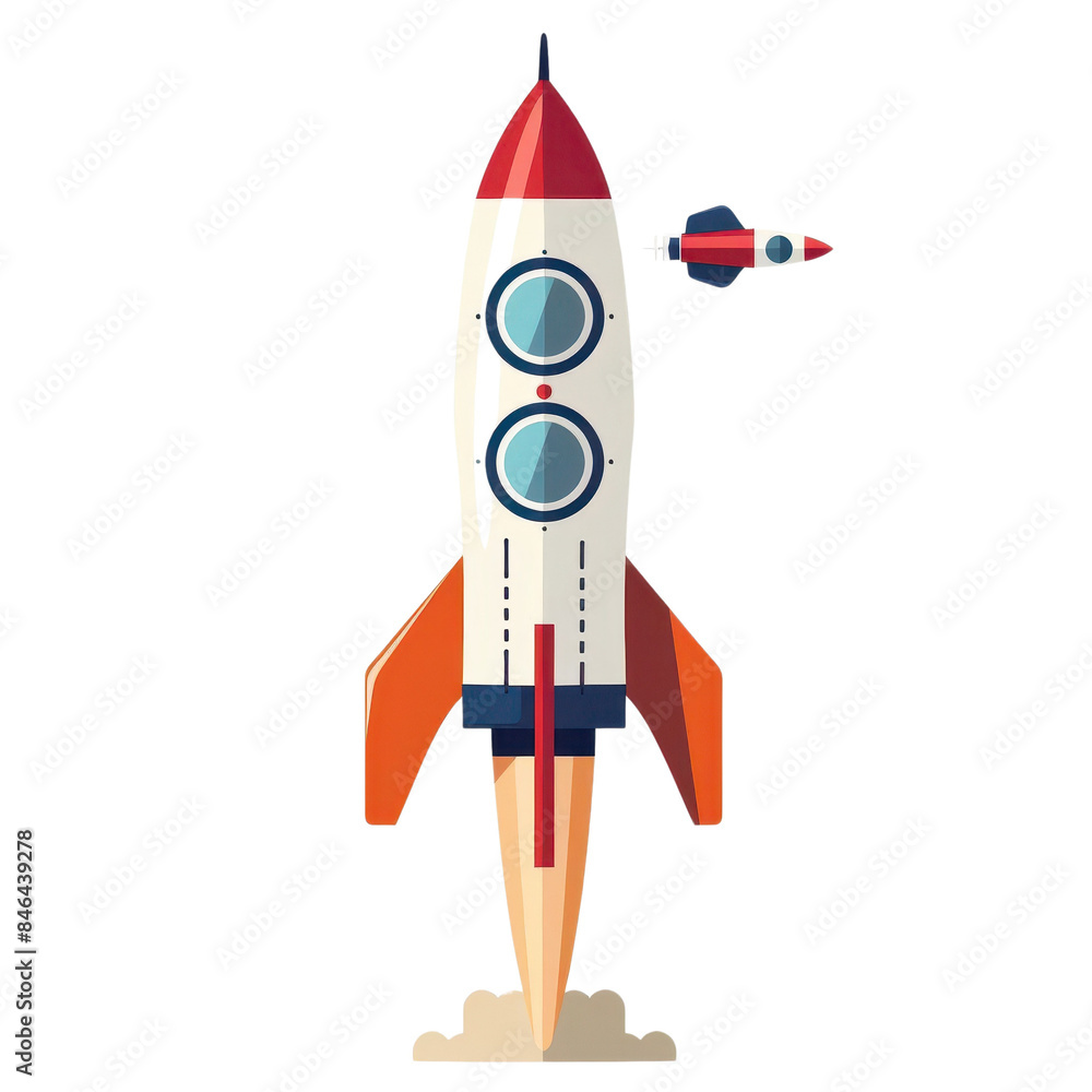A cartoon rocket ship taking off, leaving a trail of smoke behind it. The rocket has a small, attached rocket booster. The image is in a retro style. A cartoon rocket ship taking off, leaving a trail of smoke behind it. The rocket has a small, attached rocket booster. The image is in a retro style.