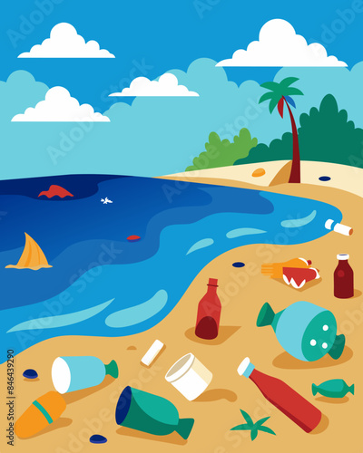 The beaches are now filled with plastic waste remnants of human consumption and disregard for the environment.. Vector illustration