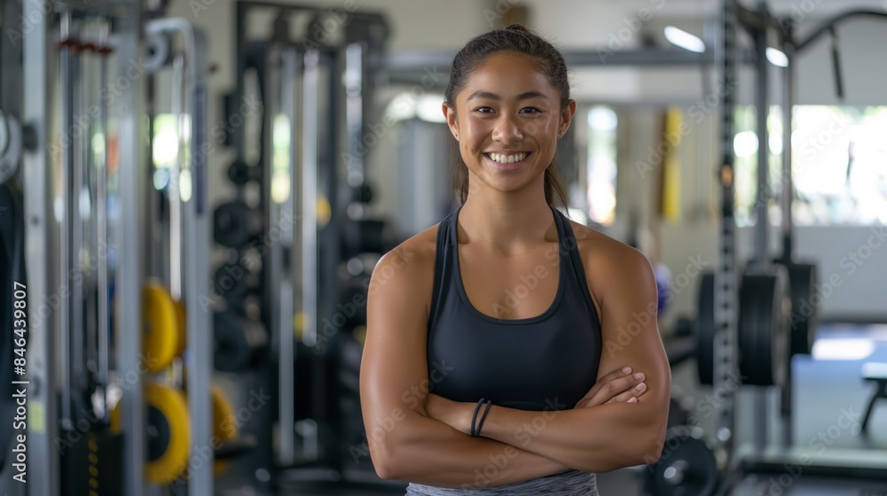 Fototapeta premium Pacific Islander Female Fitness Trainer Smiling in Gym Setting Promoting Health and Wellness