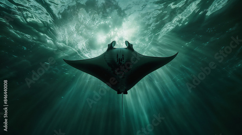 AI generated illustration of a manta ray gracefully gliding near the ocean's surface © Wirestock