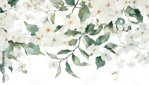 AI generated illustration of white flowers and leaves on a white background