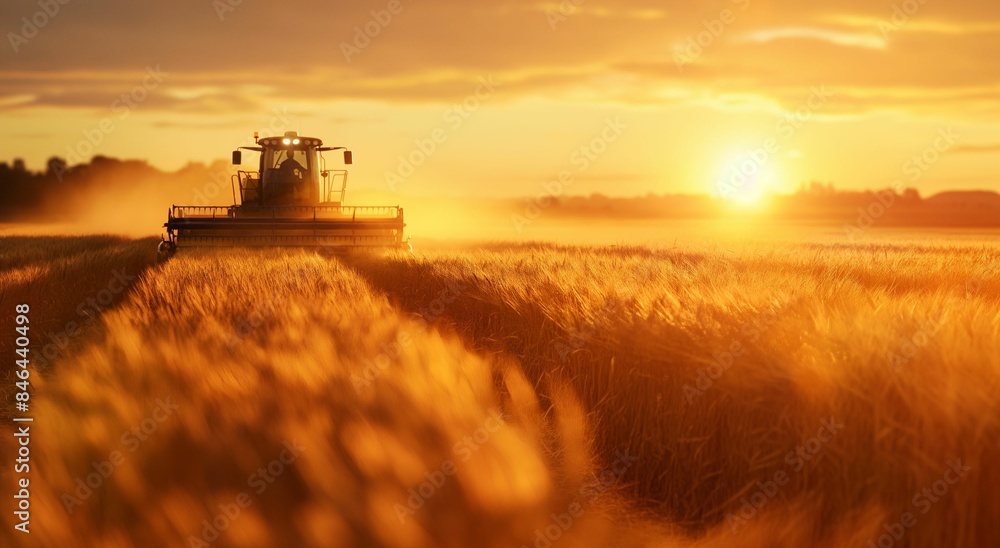 AI generated illustration of a harvester for harvesting wheat at dusk AI generated illustration of a harvester for harvesting wheat at dusk