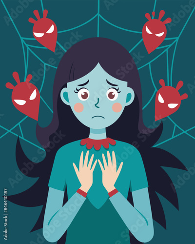 The web of negative language that surrounded the girl seemed imtrable suffocating her spirit.. Vector illustration