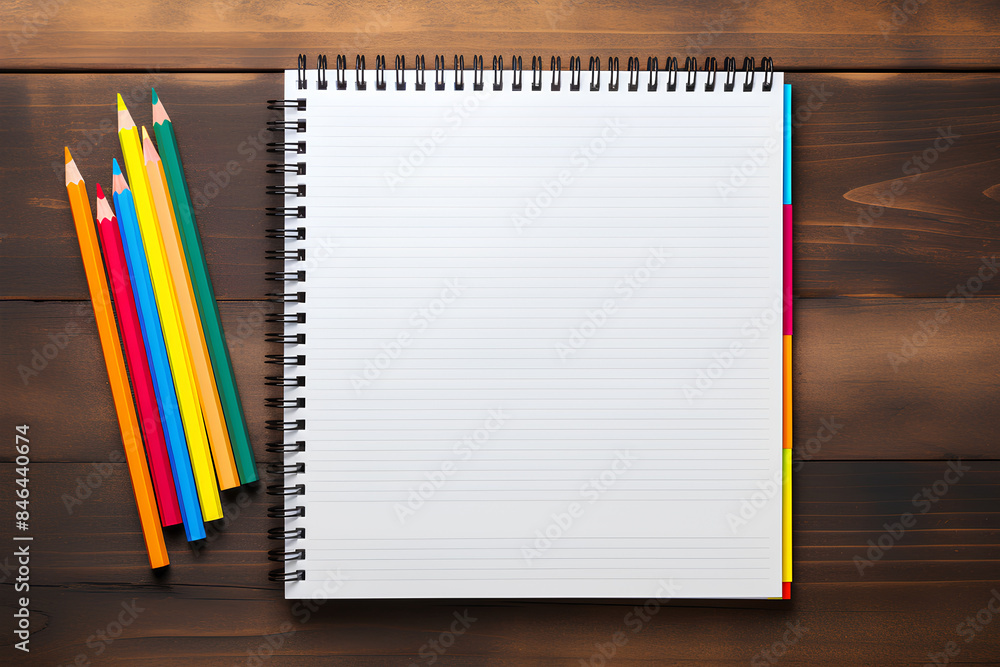 Top view of a large group of multicoloured school or office supplies shot on a rustic dark wood desk. A blank note pad is at the centre of the composition with a handy copy Top view of a large group of multicoloured school or office supplies shot on a rustic dark wood desk. A blank note pad is at the centre of the composition with a handy copy