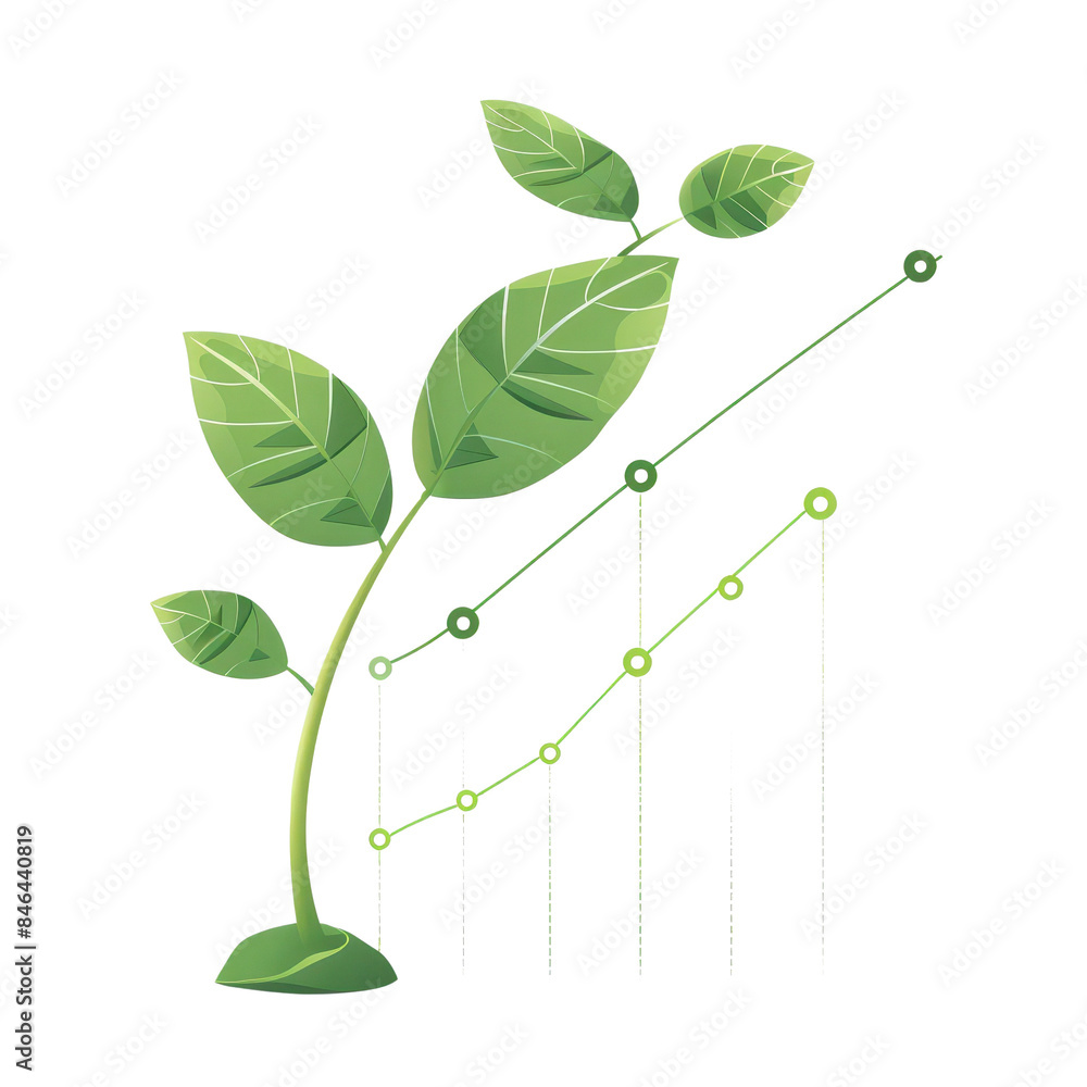 Green plant growing upward with a graph line showing growth. Represents ...