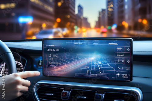 transport, destination, modern technology and people concept - male hand searching for route using navigation system on car dashboard screen