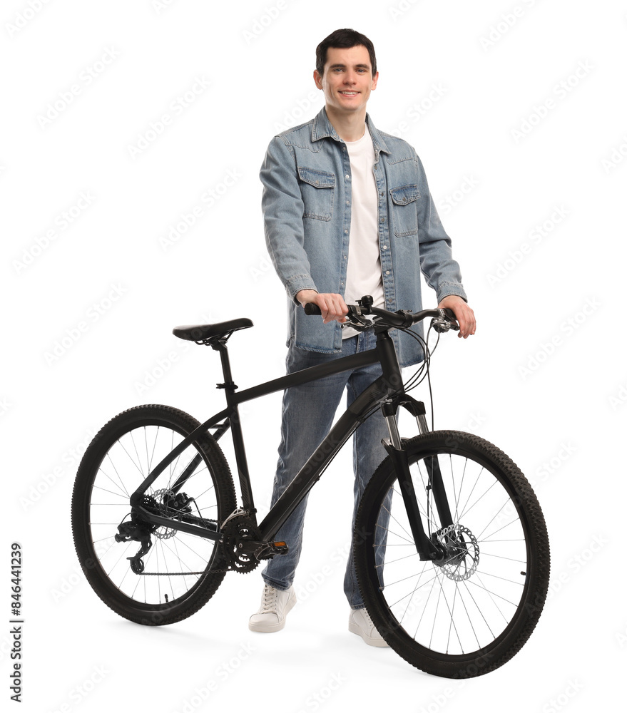 Smiling man with bicycle isolated on white Smiling man with bicycle isolated on white