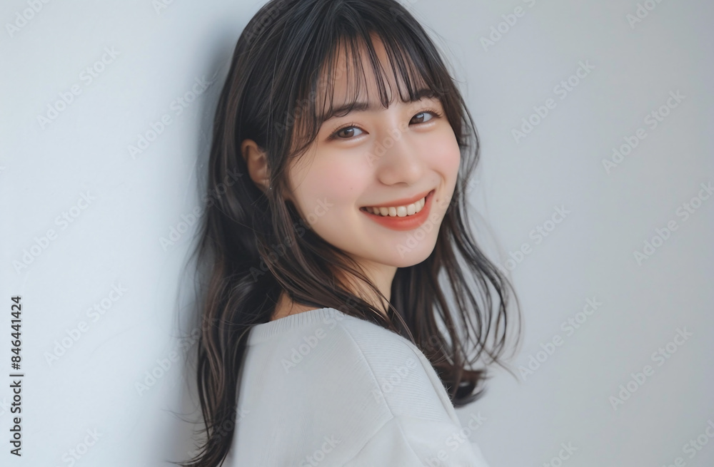 1 photo of attractive Japanese woman her early mid30s smiling looking camera She wearing business casual attire long sleeve light grey color background should white contrast creating professional yet 1 photo of attractive Japanese woman her early mid30s smiling looking camera She wearing business casual attire long sleeve light grey color background should white contrast creating professional yet