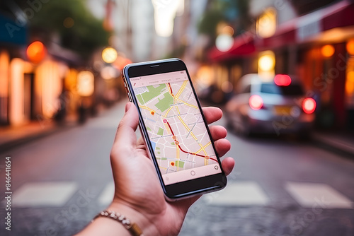 Traveler use map on mobile phone app to search for route location of place with gps on street when travel in city,Technology in lifestyle