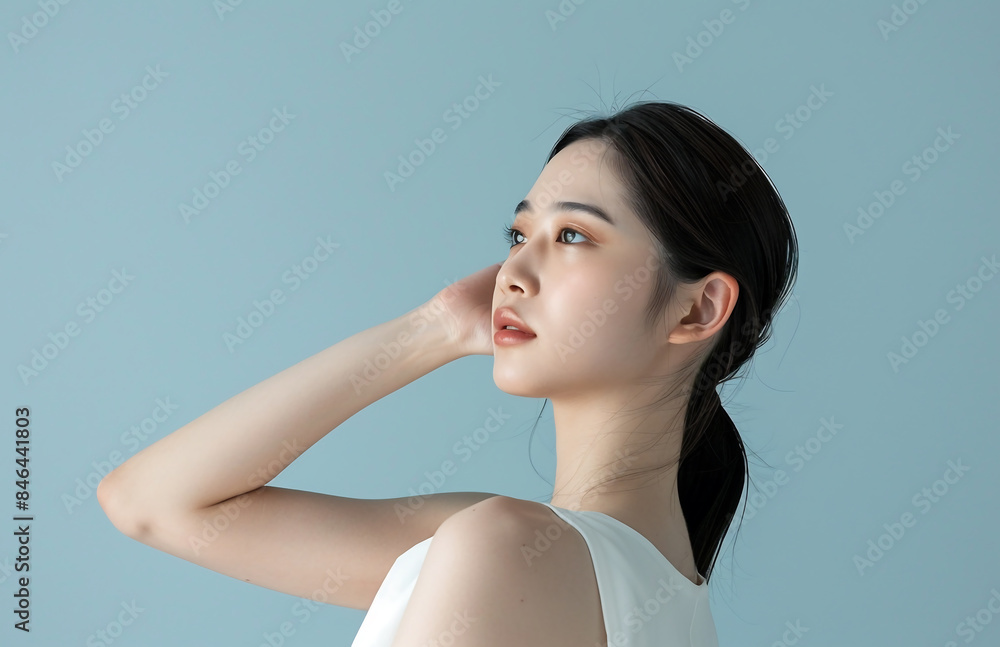 1 photo of Japanese woman clear flawless skin touching her face gently front view light blue background She wearing white sleeveless top composition capture model's beautiful profile against clean