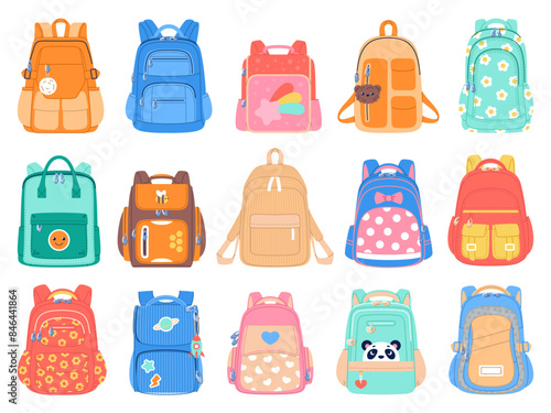 School kids backpacks. Cute student bags, colored childish satchels, girly, boyish fabric accessories, back to school elements, pupils rucksacks. Cartoon flat style isolated vector set