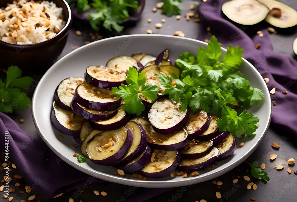 AI-generated illustration of fresh parsley garnish on a delicious plate of sliced eggplant AI-generated illustration of fresh parsley garnish on a delicious plate of sliced eggplant