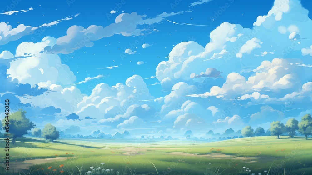 Beautiful Animated Landscape with Fluffy Clouds in Blue Sky Over Green Meadow Beautiful Animated Landscape with Fluffy Clouds in Blue Sky Over Green Meadow