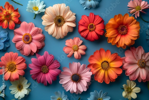 Assorted flowers arranged in a flat lay on a blue background