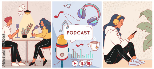 Podcast streaming. Audio recording process, interview broadcast on live, listeners, presenters and guests studio, people with headphones, bloggers entertainment show, vector cartoon flat set