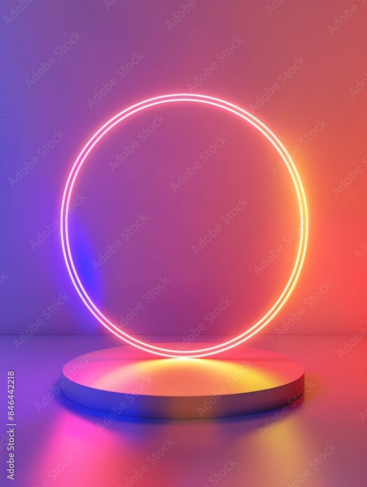 Fototapeta premium A neon colored circle is on a pedestal