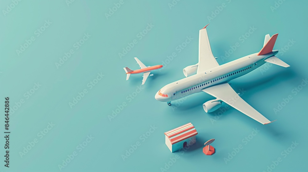Minimalistic model of a commercial airplane with small plane and luggage on a blue background, symbolizing air travel and transportation.