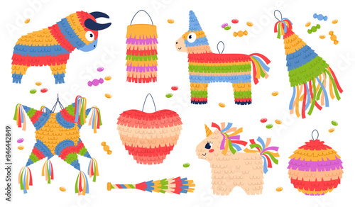 Mexican holiday pinatas. Color paper kids party decorations, colofrul animal, heart, ball shapes with confetti, birthday celebration, fiesta carnival, cartoon flat isolated vector set