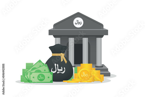 Bank building 3d icon. Gold coins, banknote and bundles of money bag with Bahrain Dinar currency sign. Money savings, financial illustration icon.