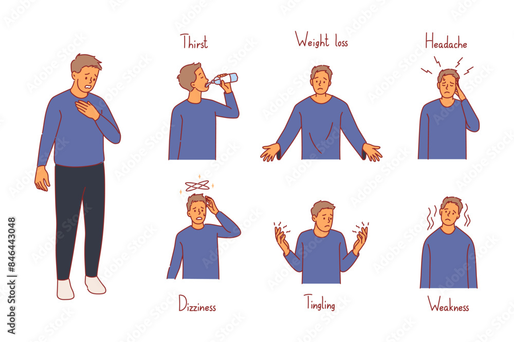 Man with diabetes symptoms. Severe illness, high blood sugar levels, insulin resistance, patient character, glucose control, medical diagnosis cartoon flat style isolated vector set Man with diabetes symptoms. Severe illness, high blood sugar levels, insulin resistance, patient character, glucose control, medical diagnosis cartoon flat style isolated vector set
