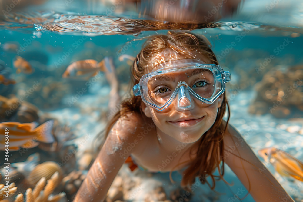 Naklejka premium Young Girl Snorkeling Among Colorful Fish in Crystal Clear Water