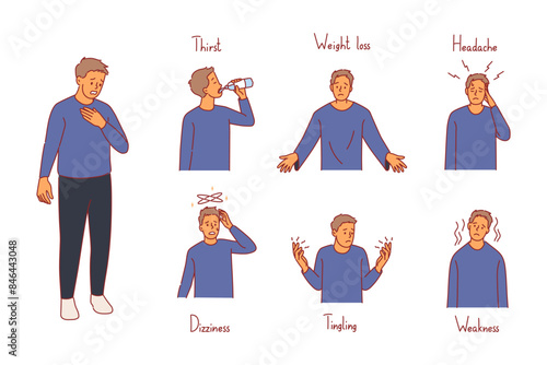 Man with diabetes symptoms. Severe illness, high blood sugar levels, insulin resistance, patient character, glucose control, medical diagnosis cartoon flat style isolated vector set