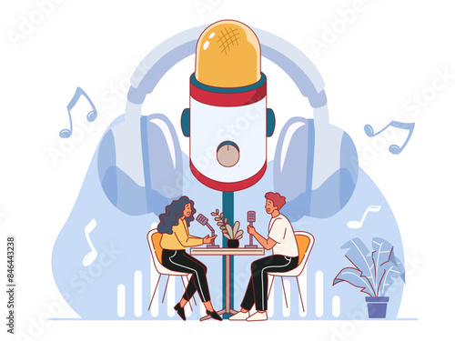 Interview recording. Hosting podcast online, audio content creating, social network broadcast, people with microphones, huge mic and headphones on background, vector cartoon flat concept