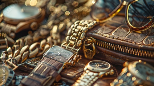 A close-up image showcasing luxurious gold watches and sunglasses on a leather case