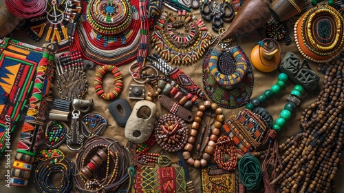 An overhead view showcasing an array of colorful African tribal adornments, including beaded jewelry, arranged on a table © Ilia Nesolenyi