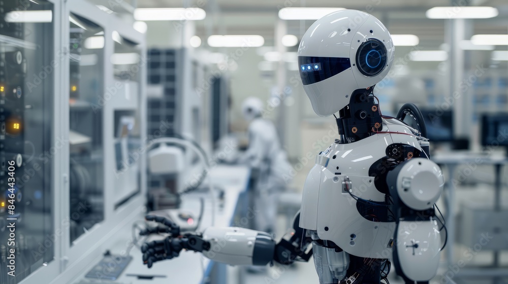 A white humanoid robot works on a task in a modern laboratory setting, showcasing advanced robotics and artificial intelligence