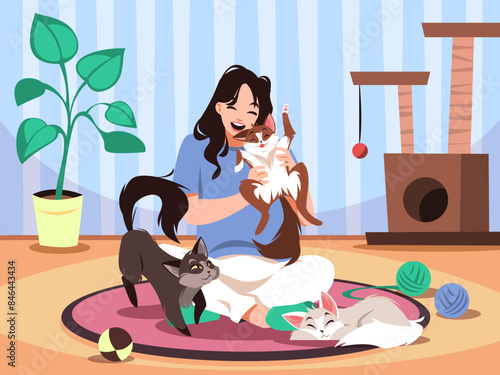 Happy girl hugs cat. Funny owner plays with her pets, smiling woman and domestic animals in room interior, kitties toys, mammal friends cartoon flat style isolated tidy vector concept