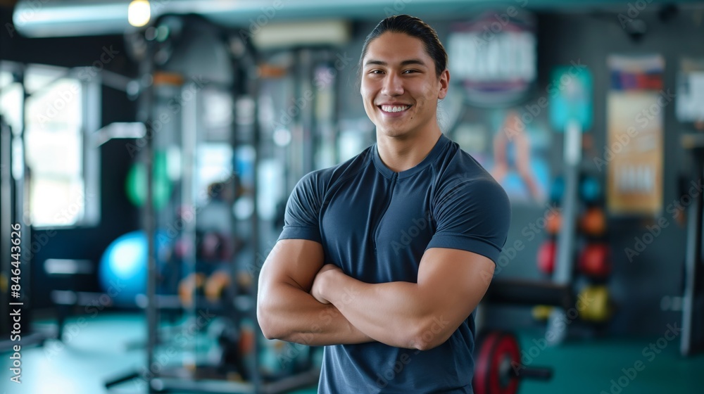 Fototapeta premium Energetic Native American Male Fitness Trainer in Gym Setting - Ideal for Fitness, Training, and Health Promotions