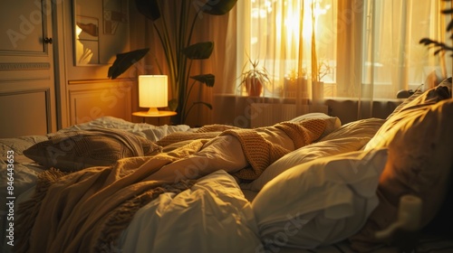 A warm and inviting bedroom scene with plush bedding, soft lighting, and warm tones creating a tranquil atmosphere