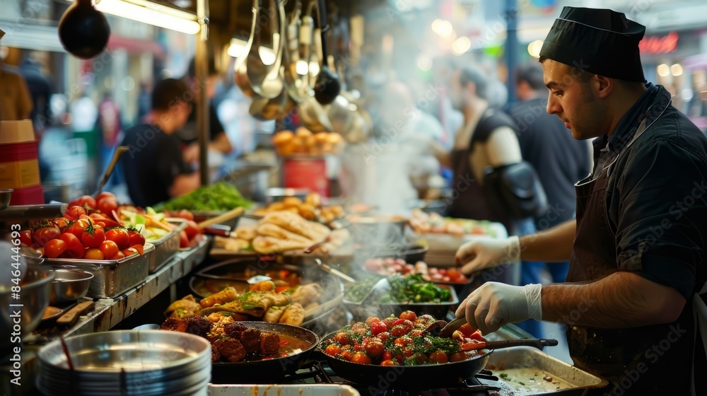 A street food vendor in a bustling market prepares exotic dishes, showcasing the vibrant energy and delicious aromas of street food culture