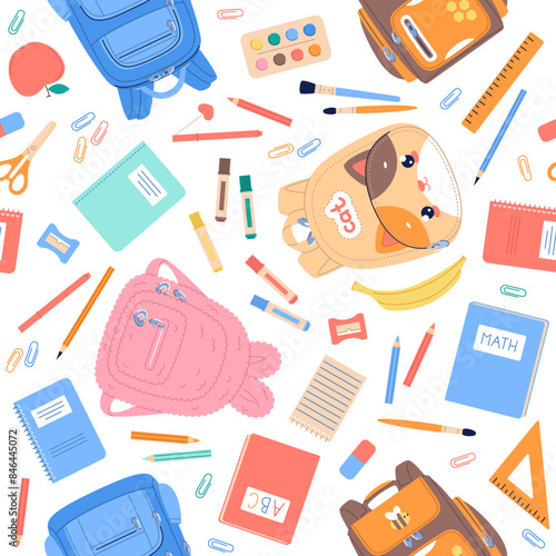 Back to school elements seamless pattern. Funny student backpacks and stationery, rulers, bags, textbooks and notebooks. Textile, wrapping paper, wallpaper . Print for fabric, vector background