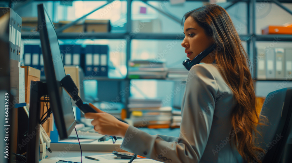 beautiful woman is working in an office environment. They are using a corded telephone while standing at a desk, which has a computer monitor, a calculator, and some documents on it. The individual is beautiful woman is working in an office environment. They are using a corded telephone while standing at a desk, which has a computer monitor, a calculator, and some documents on it. The individual is