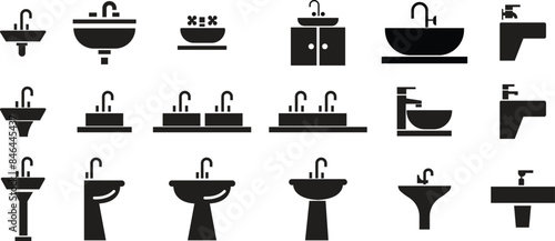 Kitchen Washbasin fill icons Set. Sink with tap, Bathroom symbols, Kitchen furniture signs for mobile concept and web designs. Sink cleaning vector in trendy styles isolated on transparent background.