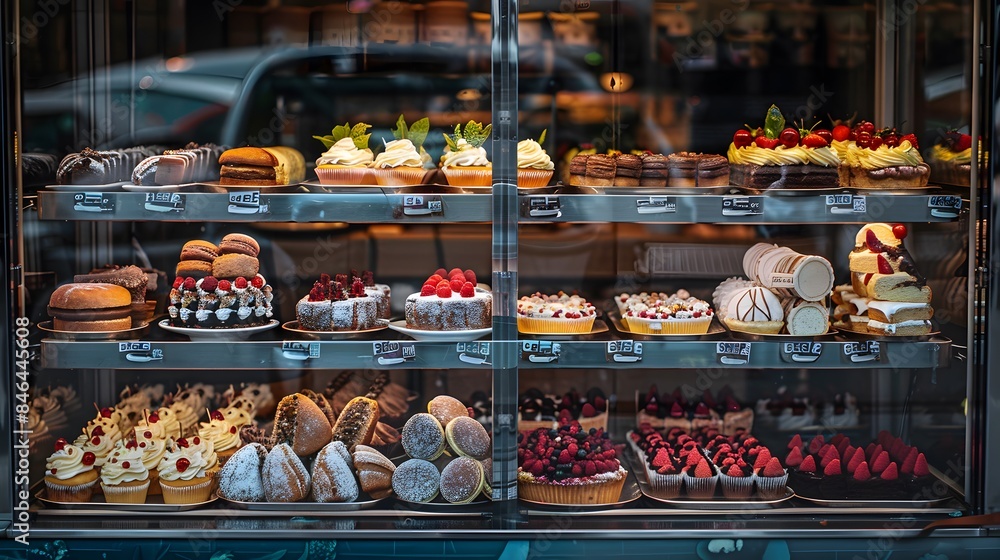 The glass display case in front with many different types and sizes of pastries, cakes, cookies, or croissants inside. The scene is set against an urban backdrop, part of a bakery or cafe. The glass display case in front with many different types and sizes of pastries, cakes, cookies, or croissants inside. The scene is set against an urban backdrop, part of a bakery or cafe.