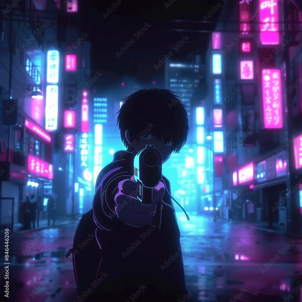 AI generated illustration of a boy holds a gun in Tokyo at night AI generated illustration of a boy holds a gun in Tokyo at night