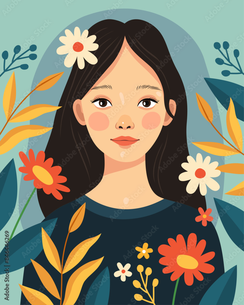 Portrait of a pretty young girl among flowers. Asian girl with black hair and brown eyes. Woman in dark blue clothes. Blue background, red and white flowers, blue and yellow leaves. Summer or spring. Portrait of a pretty young girl among flowers. Asian girl with black hair and brown eyes. Woman in dark blue clothes. Blue background, red and white flowers, blue and yellow leaves. Summer or spring.
