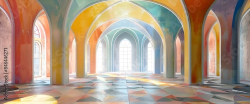 a room with colorful arches and ceilinging that are painted photo