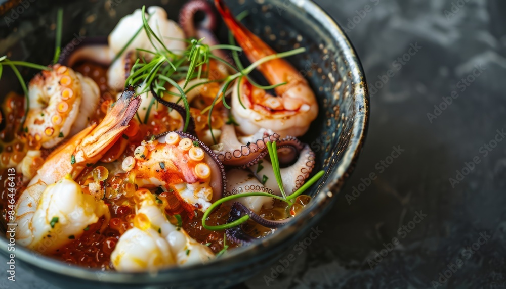 Seafood Delight: A Bowl of Crustacean Mollusc Appetizer and Octopus Seafood Delight: A Bowl of Crustacean Mollusc Appetizer and Octopus