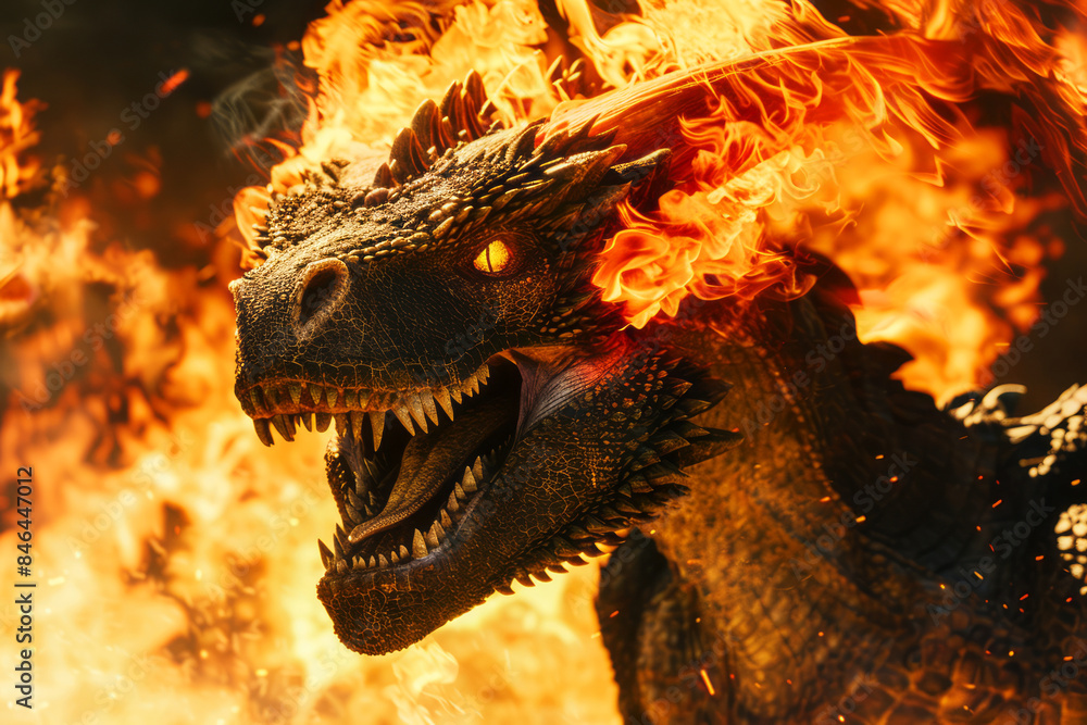 Close-up of a menacing fire dragon roaring, engulfed in flames, showcasing detailed scales and fiery eyes. Close-up of a menacing fire dragon roaring, engulfed in flames, showcasing detailed scales and fiery eyes.