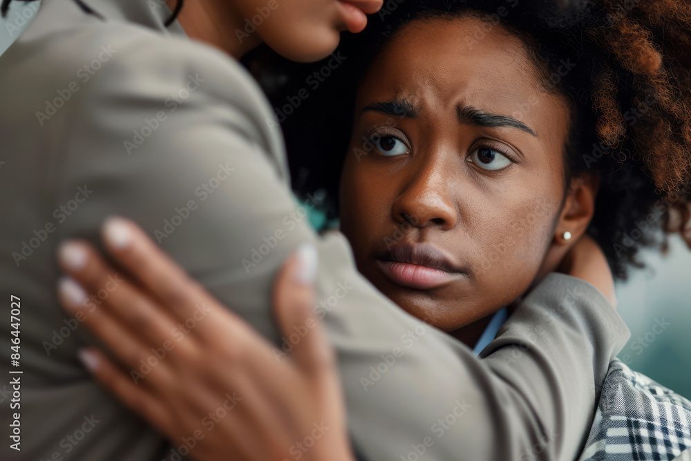 Obraz premium Close-up of a person being comforted by a colleague, showing support and empathy, with a concerned and compassionate expression.