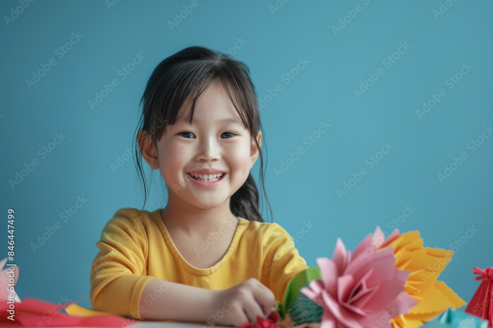 Smiling child holding colorful paper flowers, cheerful kid with crafts, happiness concept Smiling child holding colorful paper flowers, cheerful kid with crafts, happiness concept