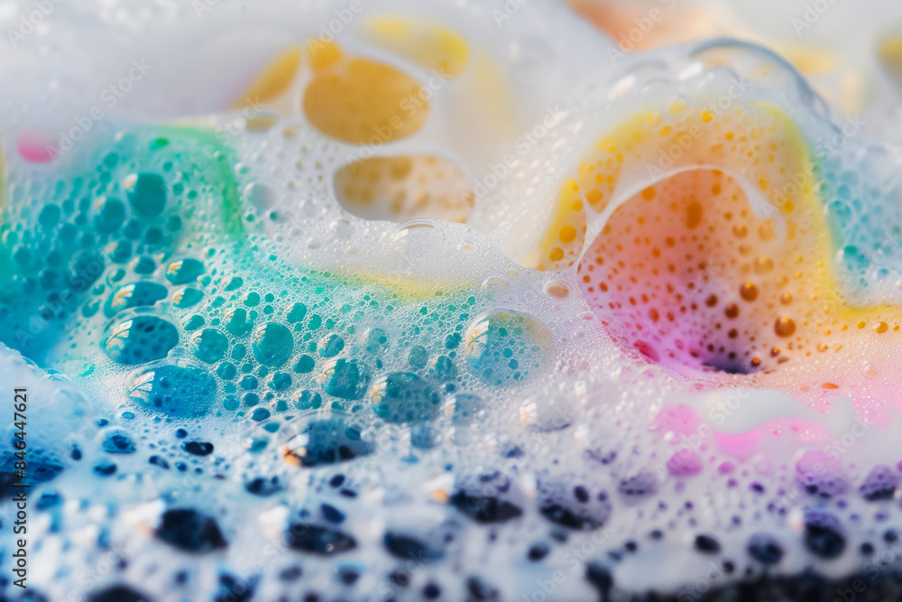 Close-up of soap lather on a sponge with vibrant bubbles, showcasing cleaning and hygiene. Close-up of soap lather on a sponge with vibrant bubbles, showcasing cleaning and hygiene.