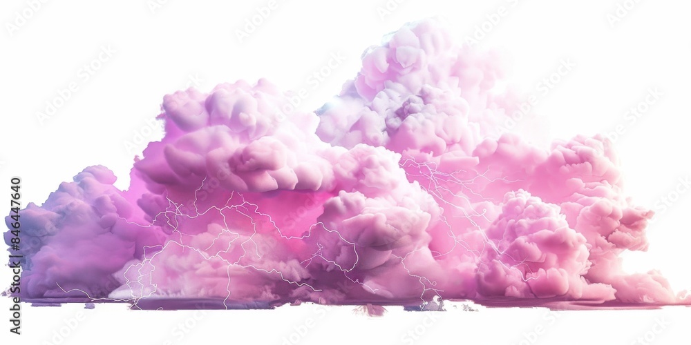 Fototapeta premium Isolated pink clouds and lightning bolts on white background. Natural phenomenon, weather, atmospheric, dramatic, dynamic, striking, minimalist, conceptual, digital art.