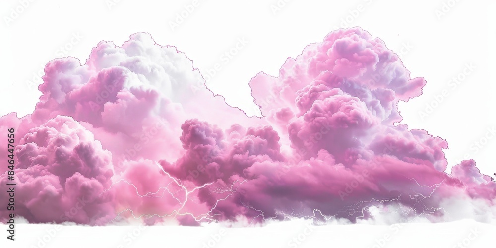 Fototapeta premium Isolated pink clouds and lightning bolts on white background. Natural phenomenon, weather, atmospheric, dramatic, dynamic, striking, minimalist, conceptual, digital art.