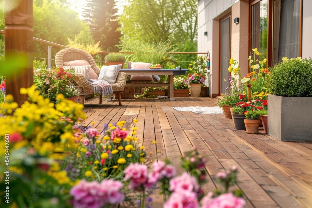 Obraz premium A sunny balcony garden with wooden flooring, surrounded by various potted flowers and plants in pots.