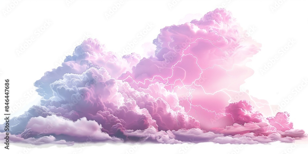 Fototapeta premium Isolated pink clouds and lightning bolts on white background. Natural phenomenon, weather, atmospheric, dramatic, dynamic, striking, minimalist, conceptual, digital art.